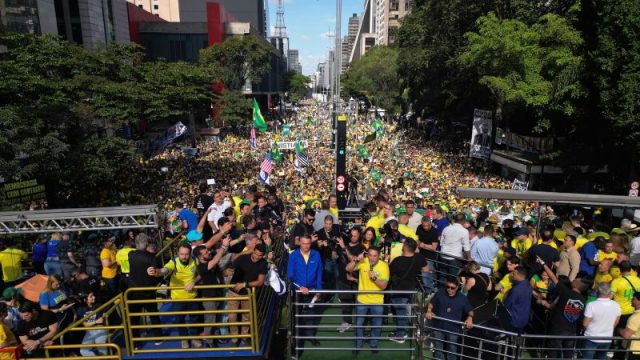 Brazil ex-leader Bolsonaro rallies thousands of supporters to protest his trial over alleged plot to overturn election